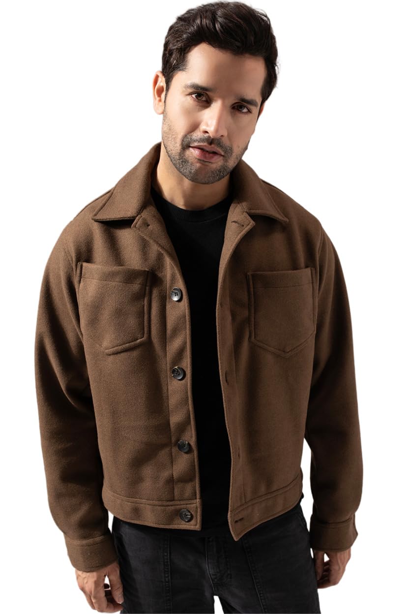 Men Brown Solid Felt Two Pockets Crop Jacket|Men's Stylish Jacket, Comfortable Regular Fit, Full Sleeves,Lightweight Design, Suitable for Casual Wear, Travel &Everyday Outfits-image-26