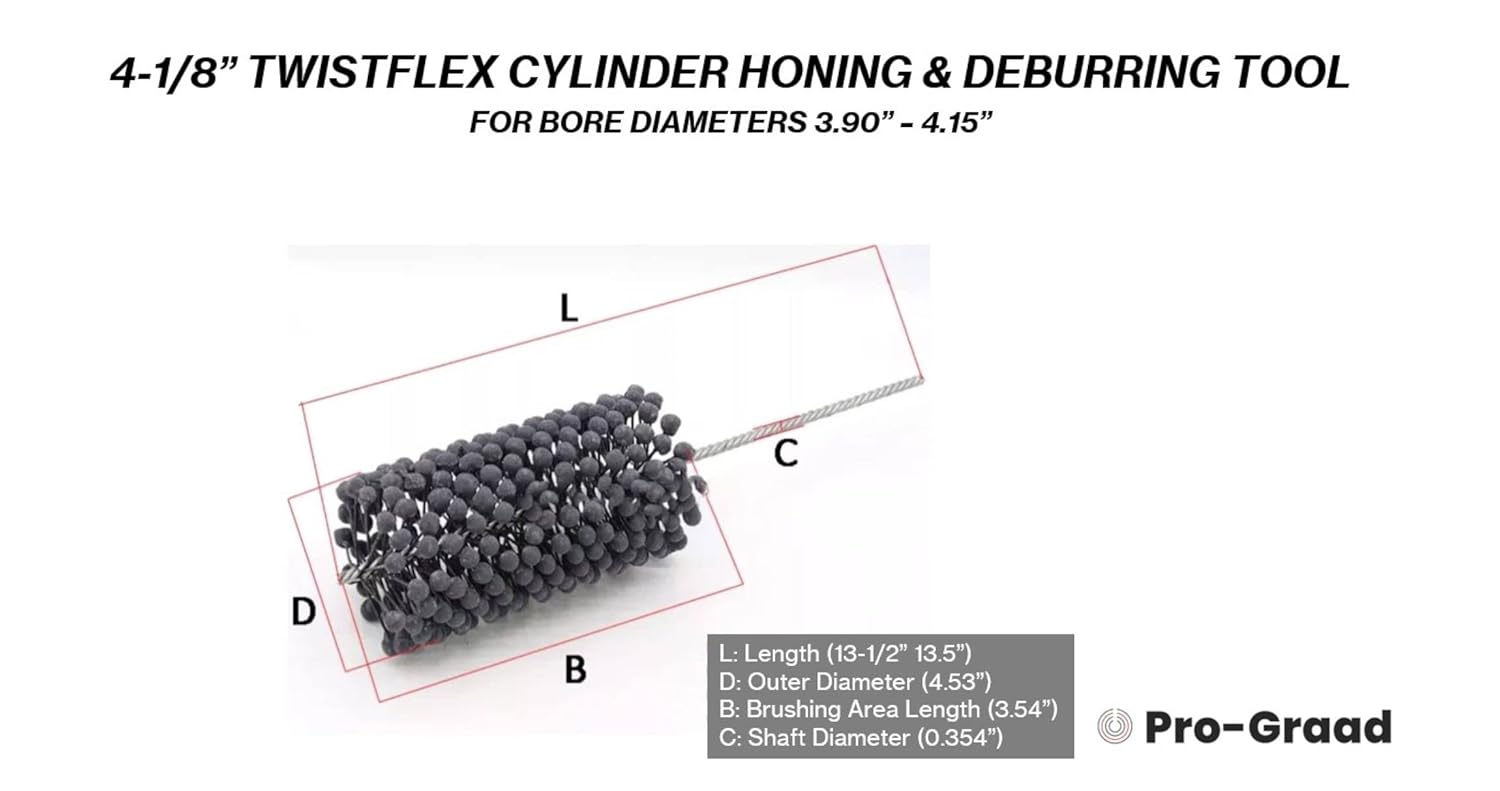 Pro-Graad TwistFlex Cylinder Hone | 4-1/8” 240SC Flexible Cylinder Honing & Deburring Tool | 4.125" Bore Brush for Hole Diameters 3.90” – 4.15” | Silicon Carbide 240 Grit 0.354" Shank 13-1/2" Length