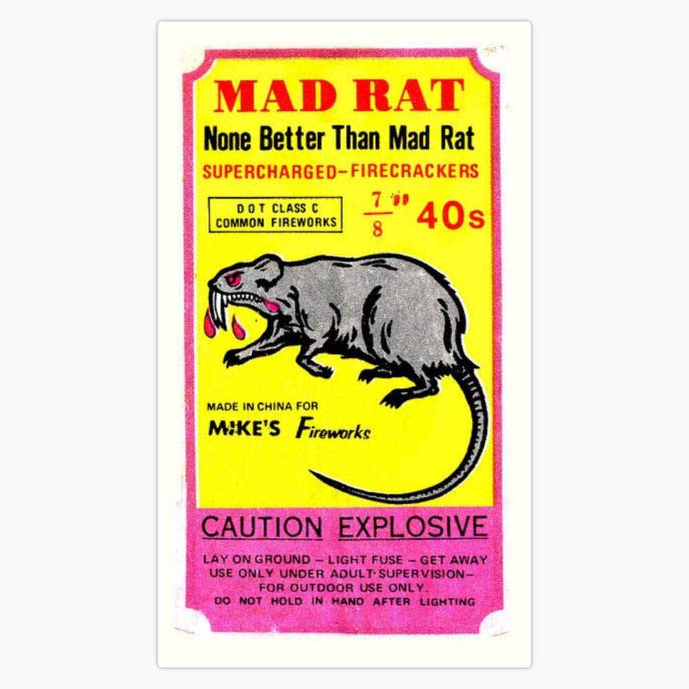 Leyland Designs Vintage Mad Rat Firecrackers! Sticker Outdoor Rated Vinyl Sticker Decal for Windows, Bumpers, Laptops or Crafts 5"