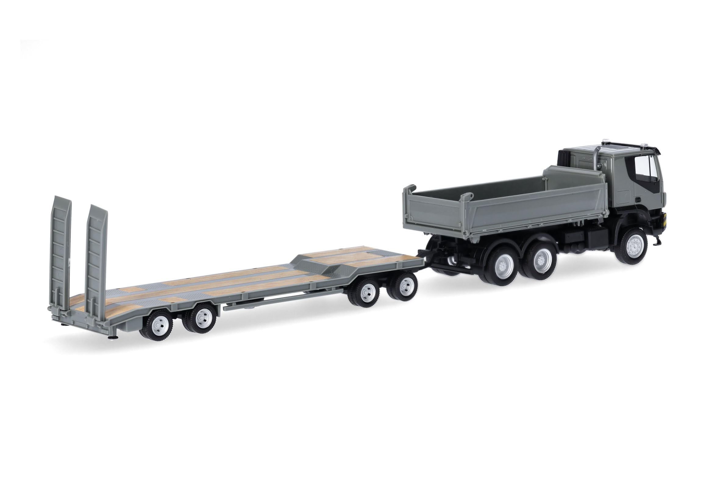 Herpa Maquette Camion Iveco Trakker 6x6 Kipper-LKW mit TU4-Anhänger, Grau/Gelb, échelle 1/87, Model Allemand, pièce de Collection, Figurine Plastique
