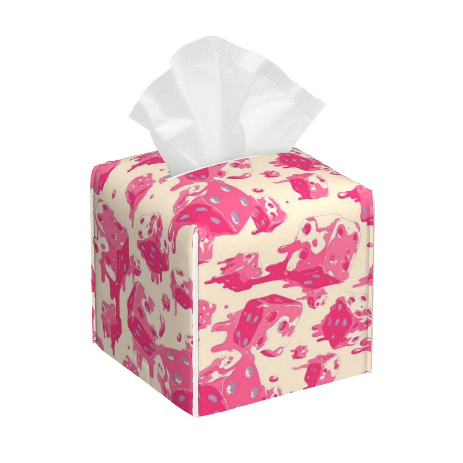 Pink Dripping Dice Print Tissue Box Cover Holder Square, Foldable Modern Cube Tissue Box Cover, Leather Decorative Organizer for Tabletop Bathroom Car Office Desk Decor