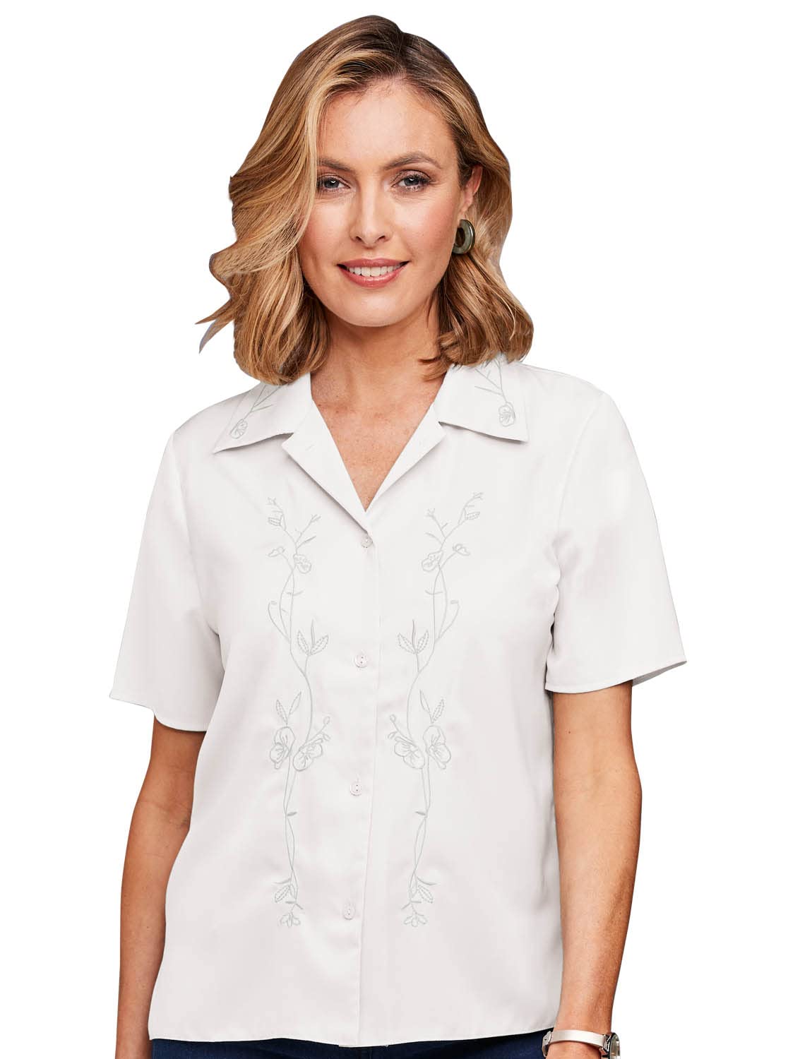 Chums Ladies Embroidered Blouse Short Sleeve Button Up Cream 22