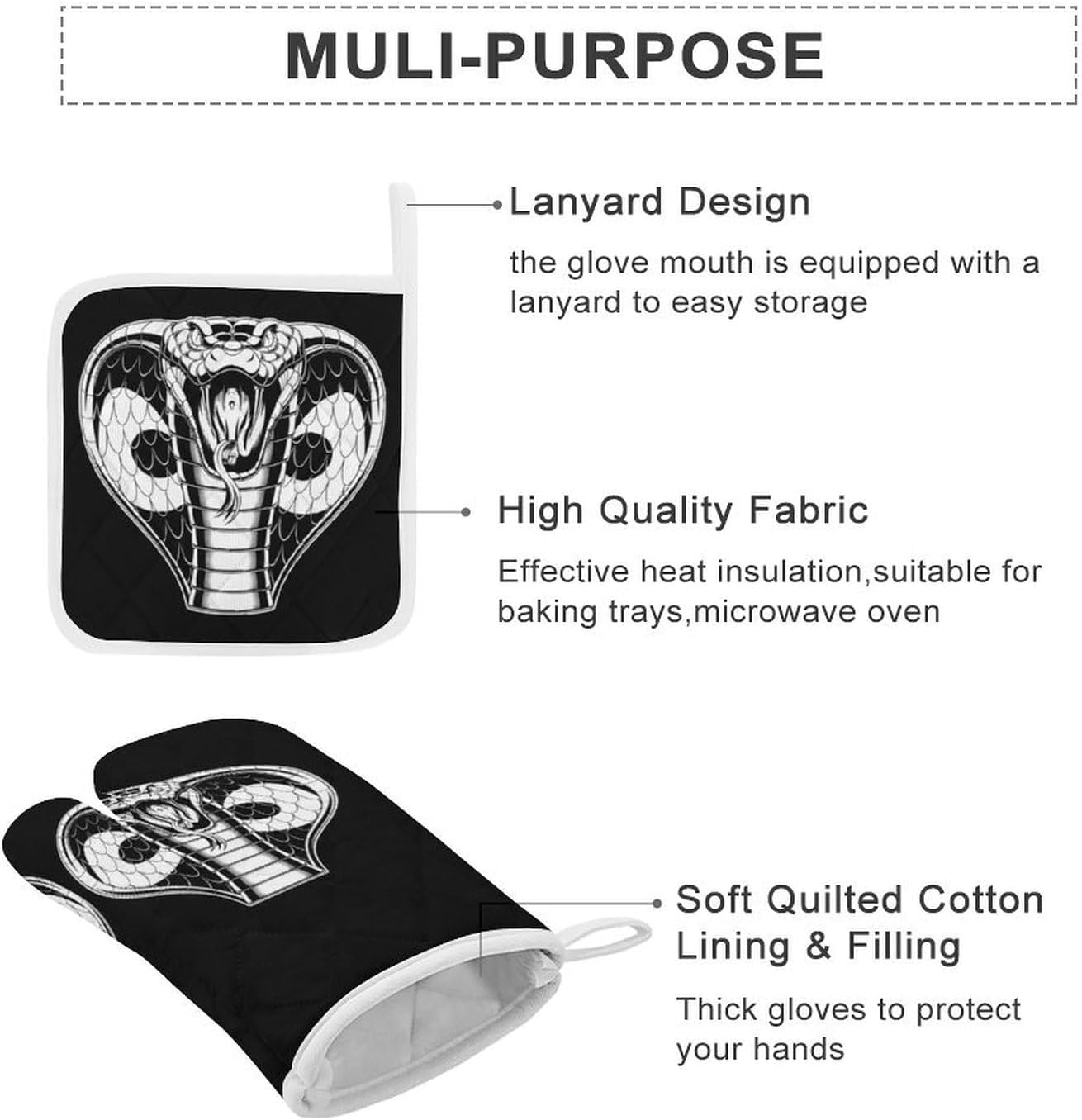 Attacking-Cobra Print Oven Mitts and Pot Holders 3 Piece Sets Heat Resistant Gloves Hot Pads Potholders for Kitchen Baking Cooking