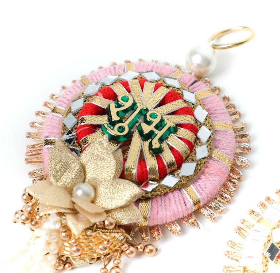 Image of Handmade Shubh Labh Wall Hanging with Kundan, Gota & Pearl Detailing - Elegant Home Decor for Diwali, Navratri, Weddings, Housewarming & Puja Favors