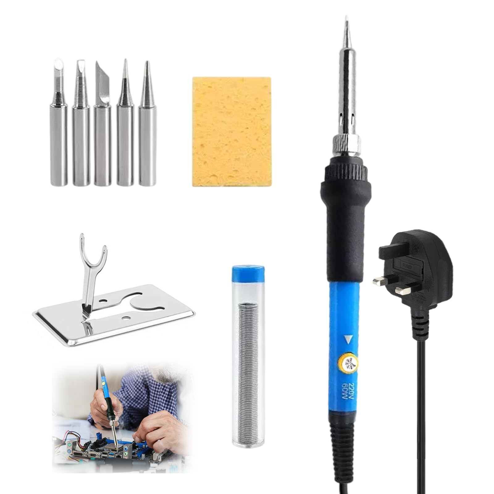 9PCS Soldering Iron Kit, 60W Soldering Gun Welding Tools with 5 Solder Tips Solder Wire Stand Set UK Plug Adjustable Temperature 200-450°C Electric Welding Iron for Electronics Repair and DIY Projects