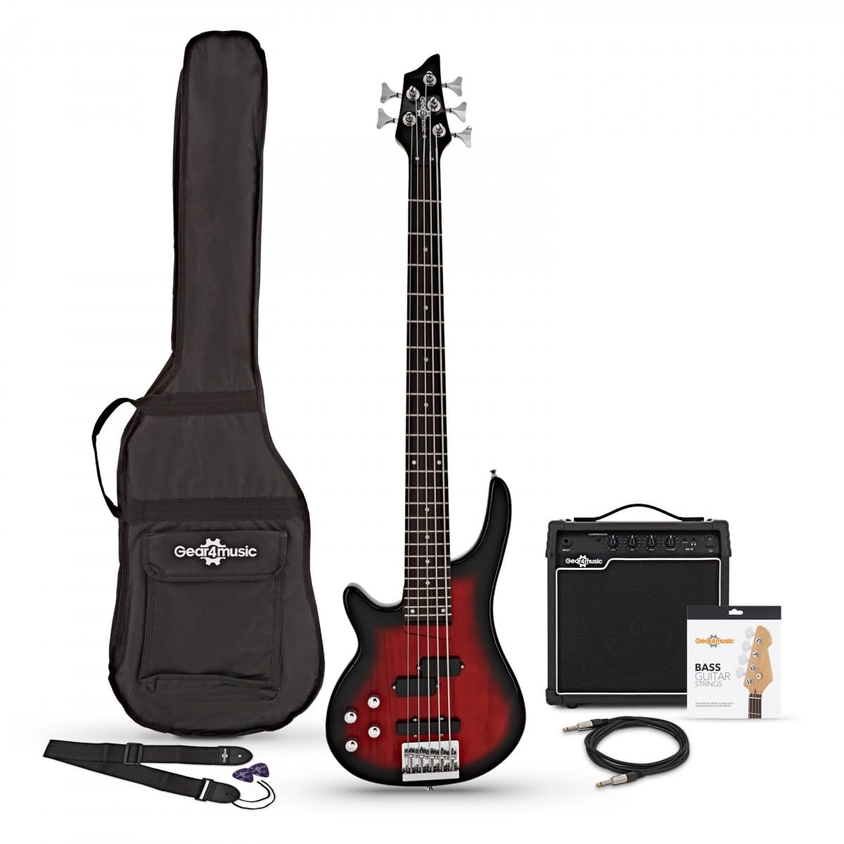 Chicago 5-saitige Linkshänder-Bassgitarre, Trans Red, im Paket mit 15-Watt-Verstärker von Gear4music