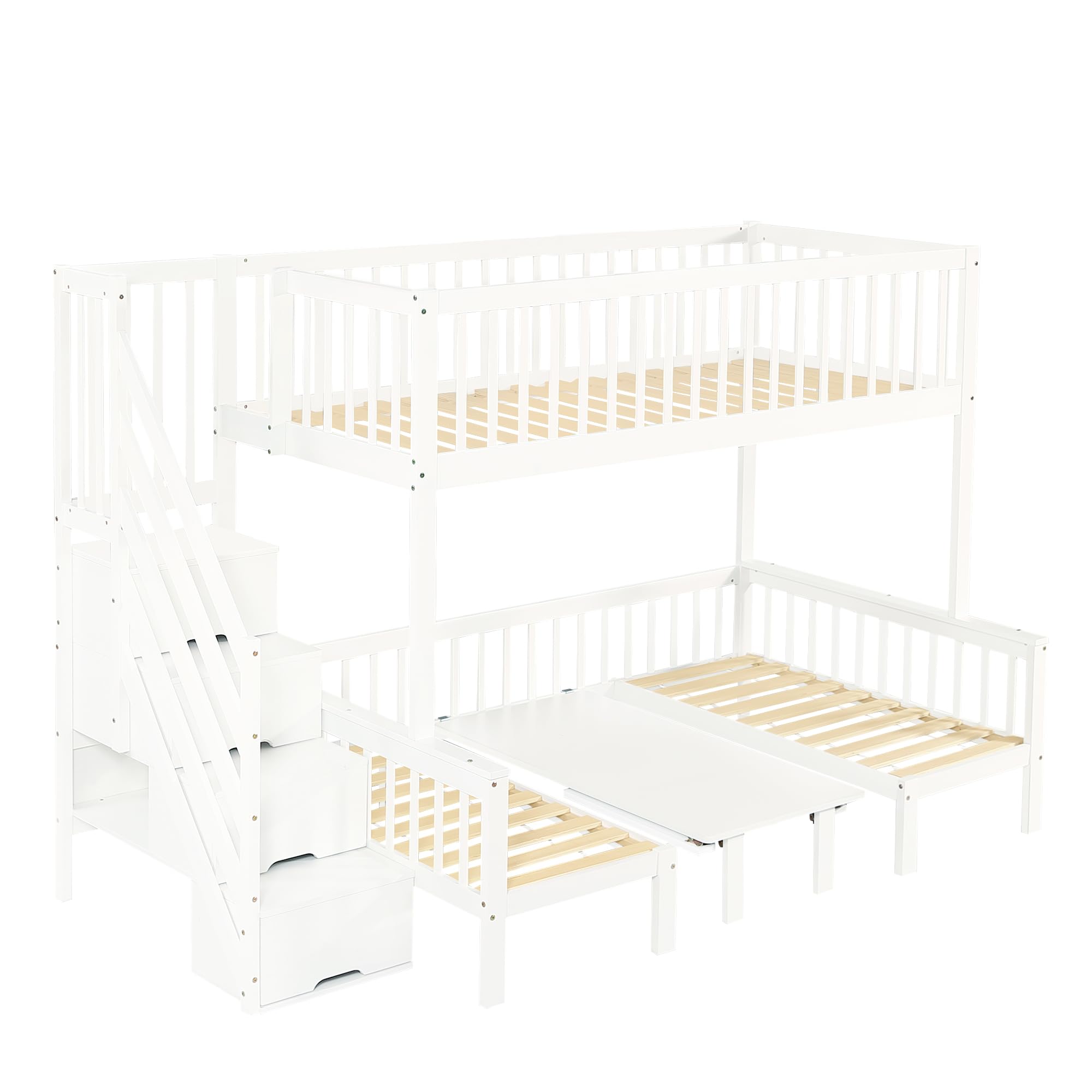 Azkoeesy Kinderbett Etagenbett mit Treppe und Stauraum, 90x200 + 120x200 cm, umbaubar in Sofa und Schreibtisch, Multifunktionales Hochbett für 2 Erwachsene und Jugendliche, Kiefernholz, weiß