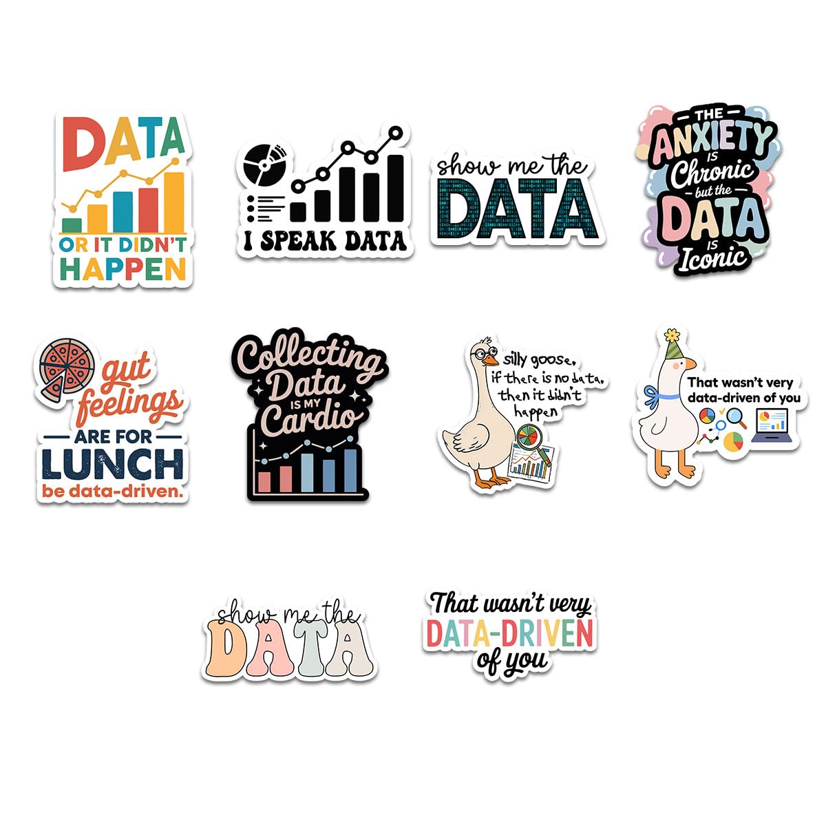 Photo 1 of (10 Pcs) Data Analysis Stickers Pack, Funny Data Driven Vinyl Decals, I Speak Data Quote Stickers for Analysts, Scientists, Coders, Laptop Water Bottle Scrapbook Decor (3 inches)