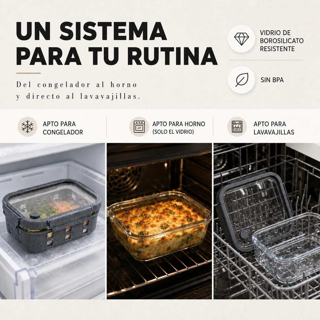 Fiambreras de Cristal Borosilicato – Set Meal Prep 3x1520 Mililitros, Recipientes Herméticos Apilables, Aptos para Microondas con Válvula de Vapor, Funda Silicona Anti-Impacto