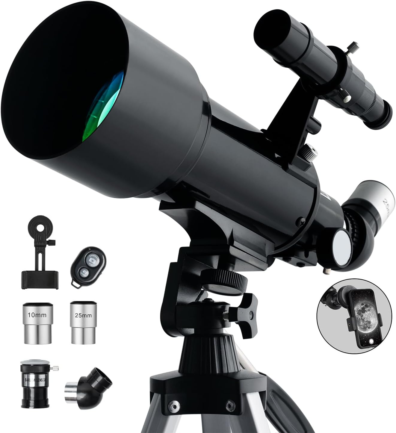 Telescope 70mm Aperture 500mm - Portable Catadioptric Telescopes for Kids & Adults AZ Mount Fully Multi-Coated Optics, with Tripod Phone Adapter, Wireless Remote, Carrying Bag Black