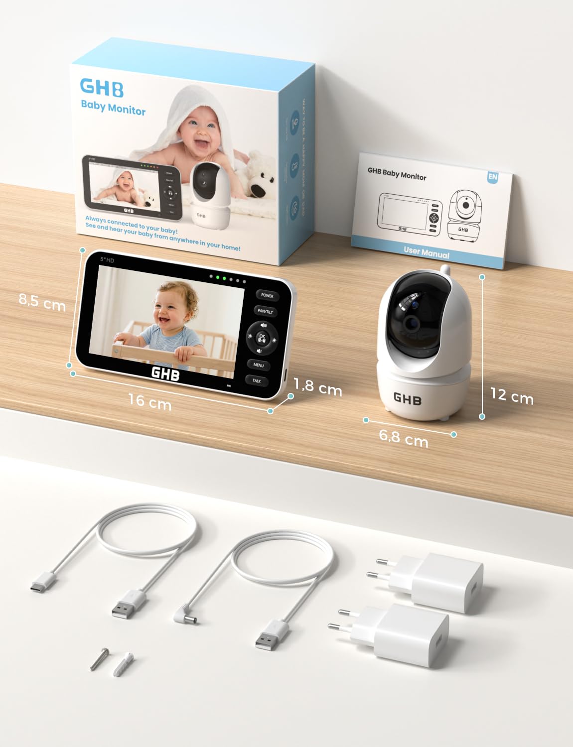 GHB Babyphone mit Kamera 5 Zoll 720P HD Display mit bis zu 168h Akkulaufzeit im VOX Schlafmodus Split-Screen-Anzeige Nachtsicht 4X Zoom Schwenkbar