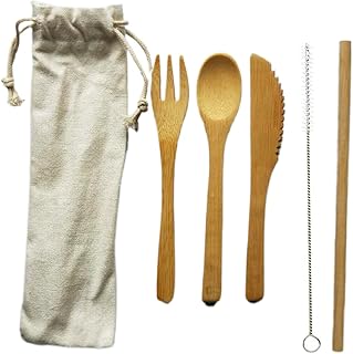 MTSDM 6 Pcs Bamboo Cutlery Set, Include Reusable Knife, Fork, Spoon, Straw Eco, Storage Bag, Brush, Cooking Utensils Heat ...