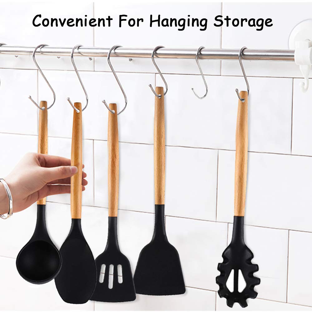 Set Utensili Da Cucina 14 Pezzi - Manico In Legno, Teste In Silicone, Resistente Al Calore, Antiaderente - Foto 5