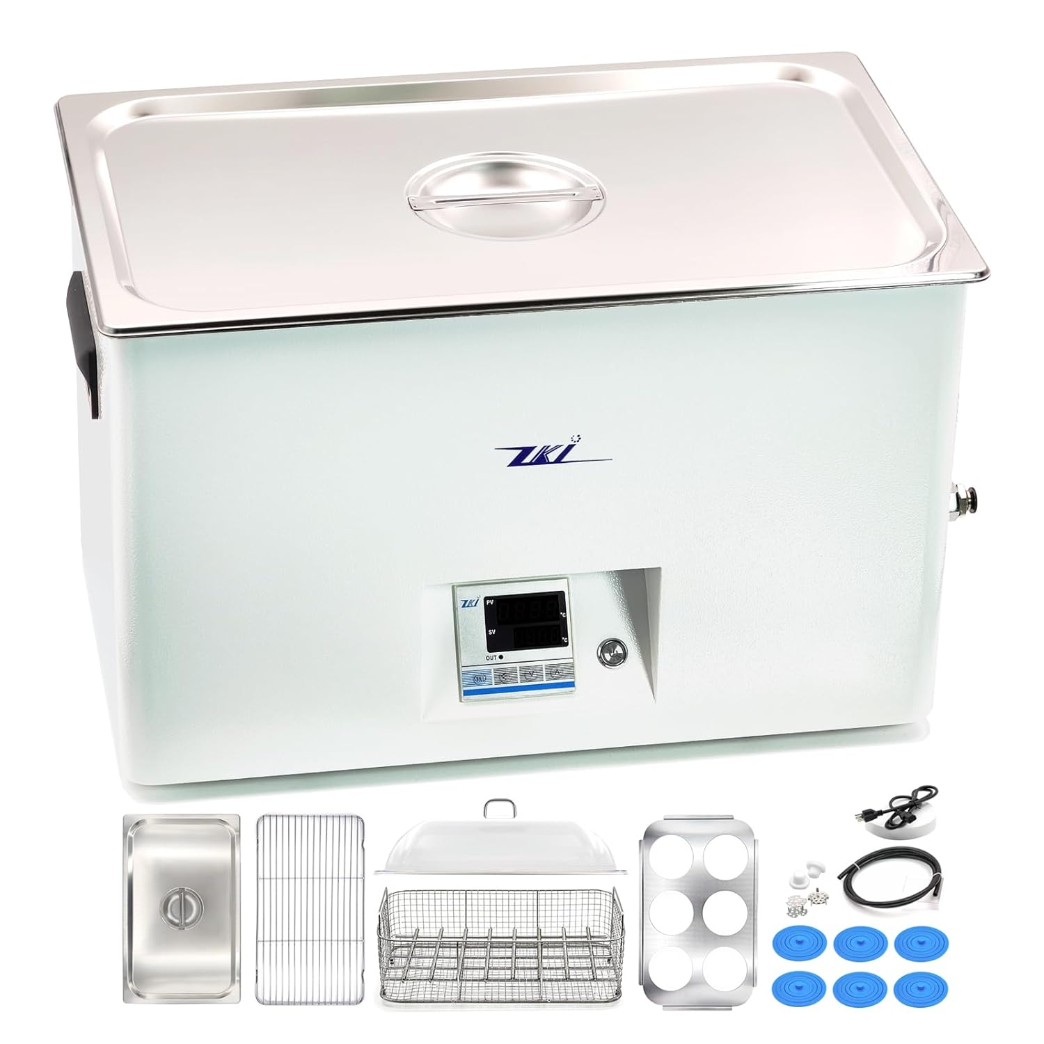 ZKI 20L Lab Water Bath, 1500W Laboratory Thermostatic Water Bath, ±0.2°C Accuracy & 0.1°C Res, 14 Heating Modules with Even Heat Distribution, 9-Piece Kit for Lab, Clinical and Industrial Use (110V)
