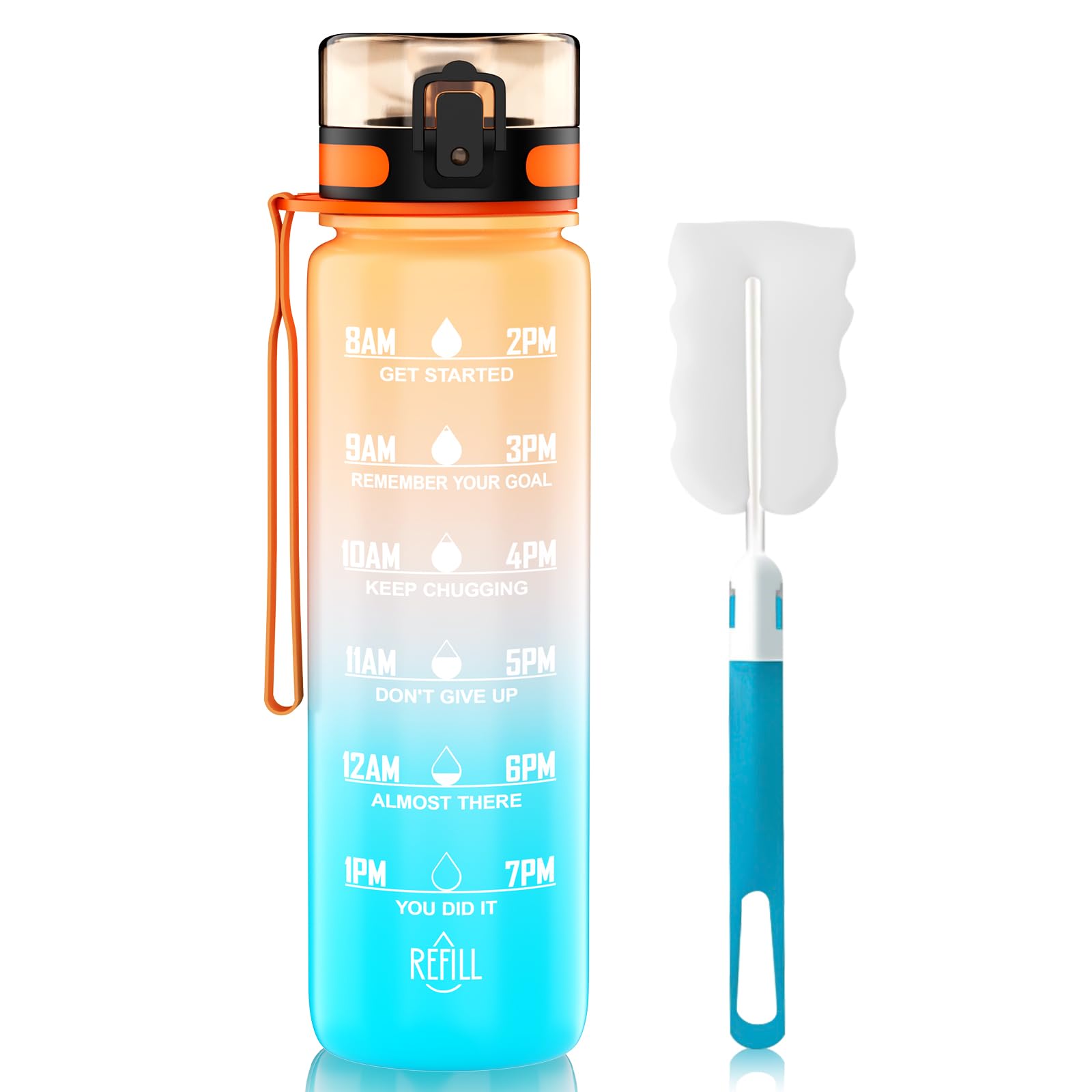 QIVORO 1-liter water bottle, made of BPA-free Tritan material, capacity 1 liter, with time markings, suitable for gym, outdoor activities, and campus use (Orange/Blue).