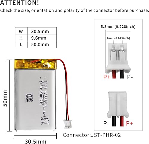 Miniatura 3 de EEMB Batería de polímero de litio 3.7V 1300mAh 883048 Lipo Batería recargable con conector JST de cable para altavoz y dispositivo inalámbrico