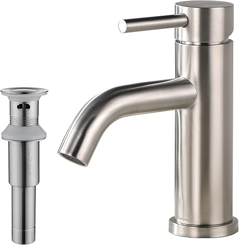 Miniatura 1 de Rainovo Grifo de baño de una sola manija con desagüe de fregadero emergente níquel cepillado, grifo de baño de un solo agujero de acero inoxidable,