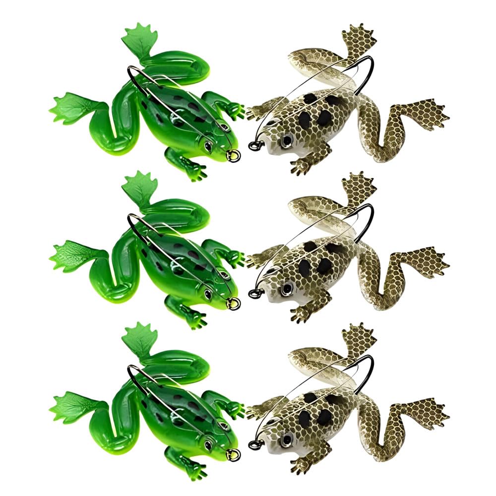LATRAT 6 esche da pesca con gancio, a forma di rana, morbide esche da pesca, esche a manovella con gancio, 3D, doppie eliche Frogs morbide per persico/trota, luccioperca