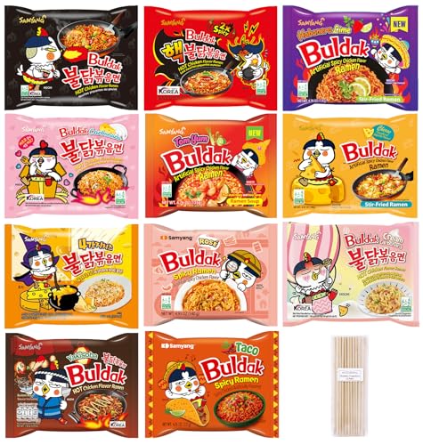 Samyang Spicy Hot Chicken Ramen 11 Flavor Variety Pack - FREE Chopsticks - Korean Buldak Ramen Noodles (11 Pack)