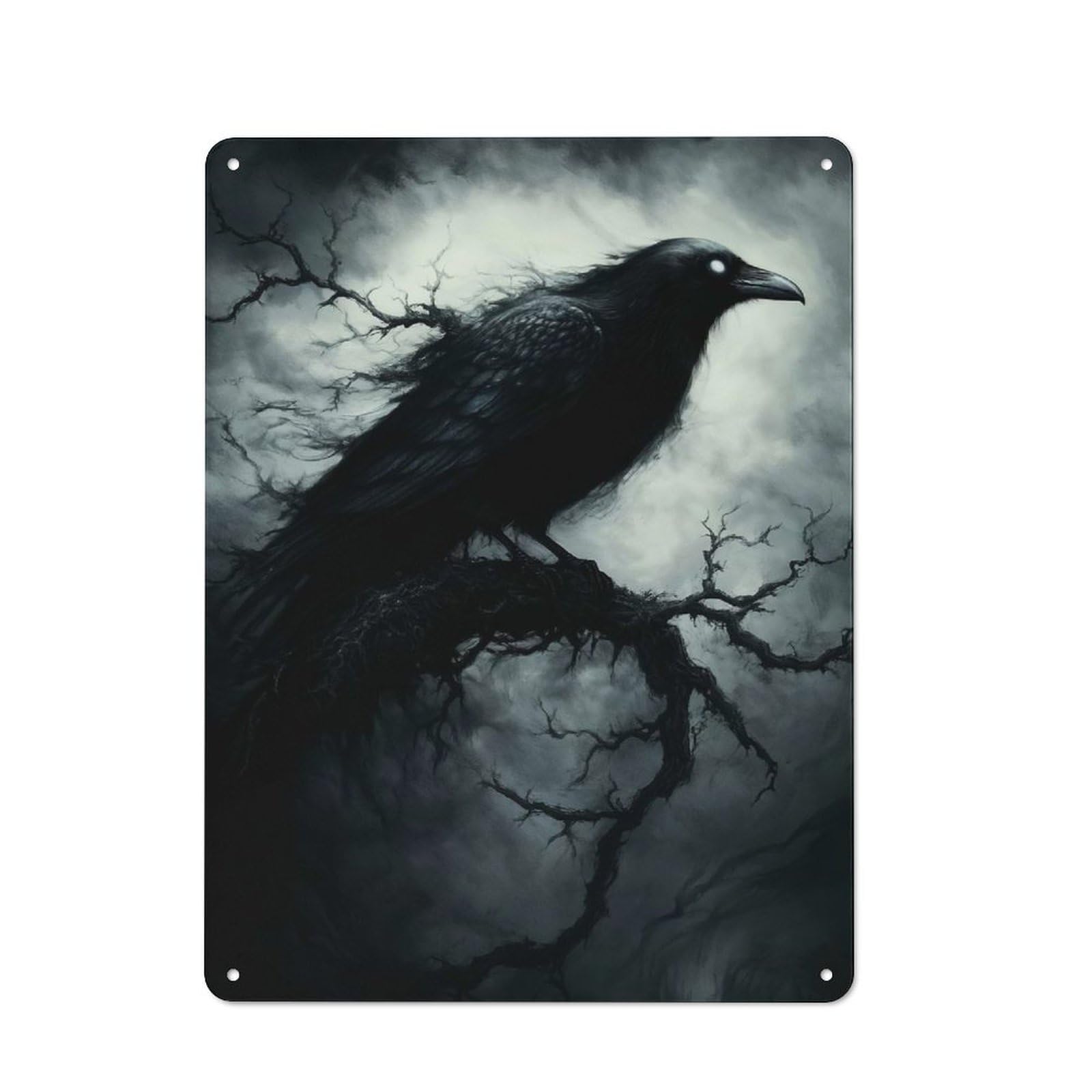 Retro Metal Plaque 40x30cm Featuring Dark Raven on Branch, Bistro Wall Plaque for Bakery, Diner, Cafe Or Family Room