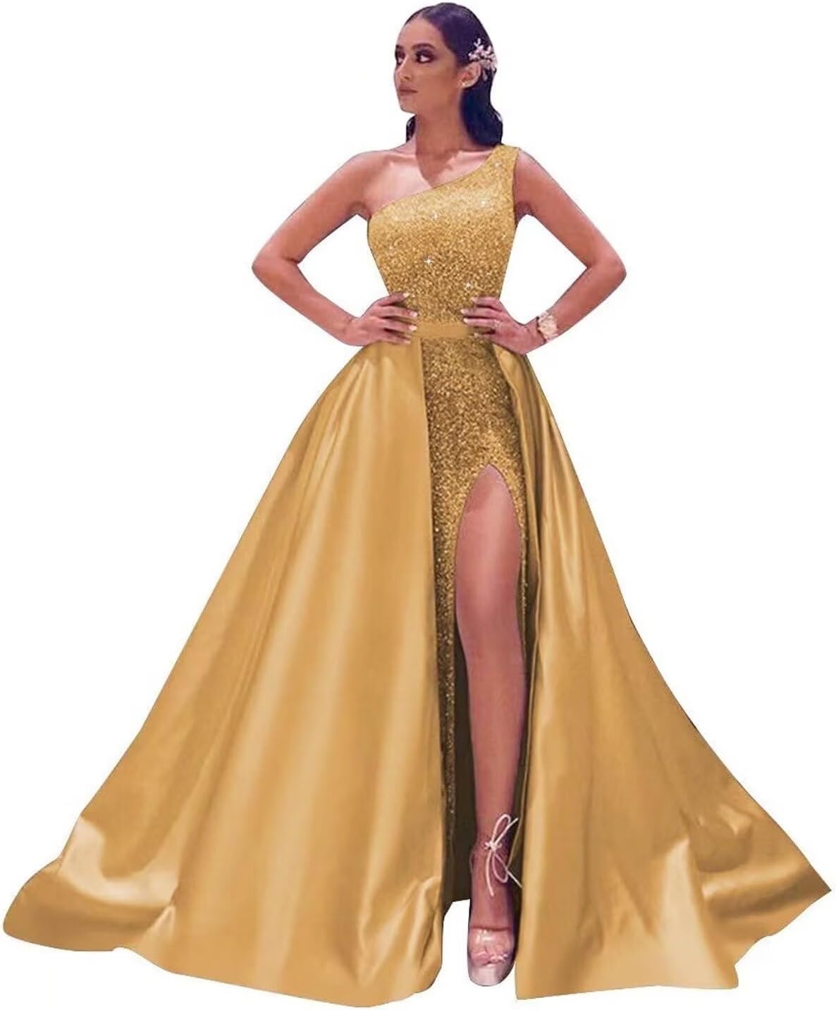 One Shoulder Prom Dresses Sequin Ball Gown Detachable Satin Formal Evening Dress with Slit