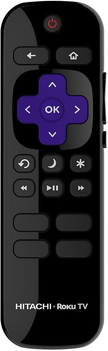 Black remote control for Hitachi Roku TV, showing power, navigation, home, back, options, and playback buttons.