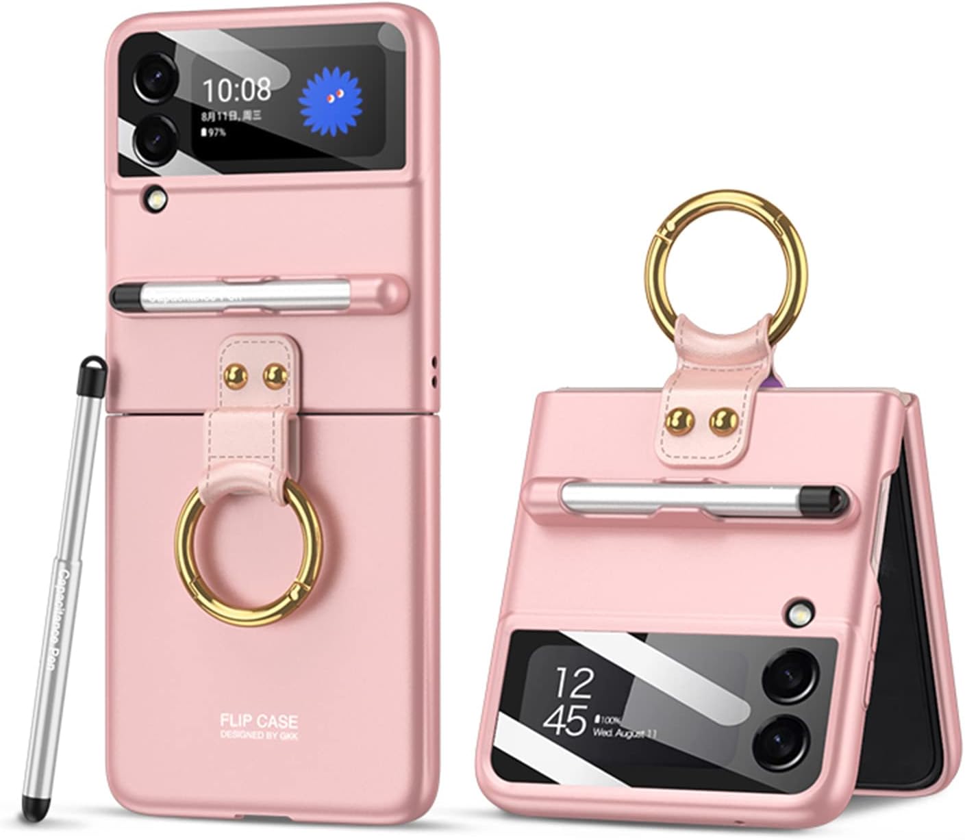 Case for Galaxy Z Flip 3 Case, Shell Film All-Inclusive Mobile Phone Case with Ring Video Stand, Pen Holder, Foldable Mobile Phone Case for Samsung Galaxy Z Flip 3 5G Pink