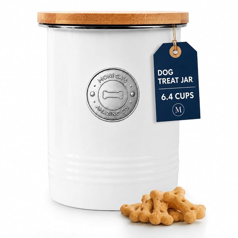 Pote para Petiscos de Cães em Metal Branco com Tampa de Bambu e Vedação de Silicone Monica´s Amazing Co., 1,6 L