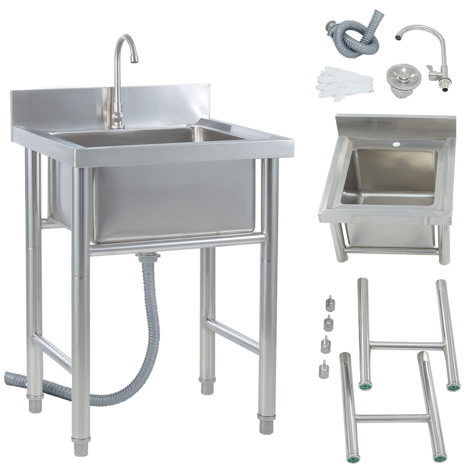 LMYSXAOZ Outdoor Utility Sink Single Bowl Stainless Steel Commercial Kitchen Set Workbench Industrial Wash Basin for Laundry Garage Backyard