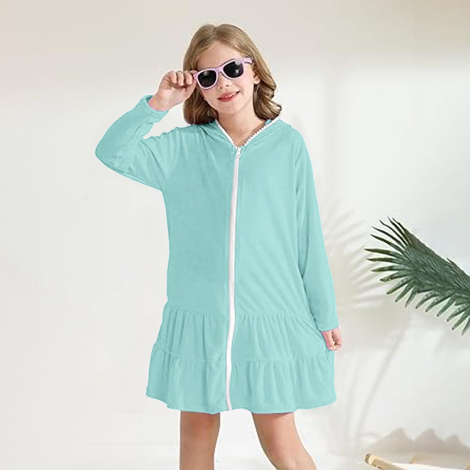 Badeponcho Kinder Reißverschluss Kapuze Cover Up mit Sonnenbrille Saugfähige Frottee Strandkleid Rüschen Gemütlich Strandtuch Sommer Mädchenkleid Langarm Bademode