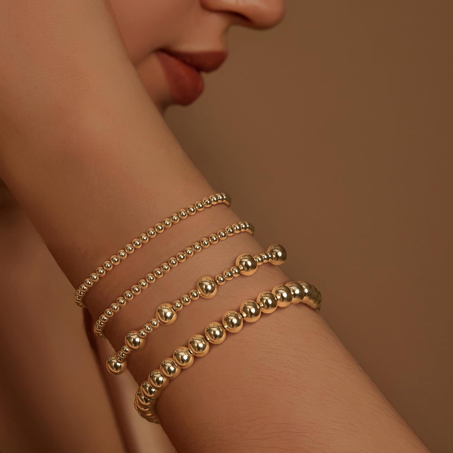 IMBOS Gold Bracelets for Women 14K Gold Plated Cross Bracelet Strand Bead Ball Bracelets stack Set Chunky Chain Bracelet Trendy Adjustable Jewelry Sets for Womens Gifts - Image 2