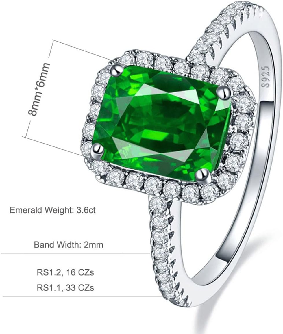 3.6ct 8x6mm Created Green Simulated Emerald Rings 925 Sterling Silver Engagement Ring for Women May Birthstone Rings Paved Cubic Zirconia Wedding Rings Size 5-10 - Image 2