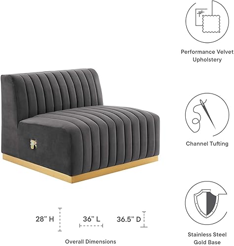 Miniatura 24 de Modway Conjure - Sofá seccional tapizado de terciopelo de alto rendimiento, con canal, silla sin brazos en negro y gris Negro-Gris,Negro