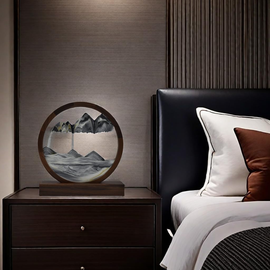 Hand Made Walnut Moving Sand Art, 360° Rotating Hourglass Glaciers Sandscape, Relaxing Desk Toys for Adults, Home Office Work Decor