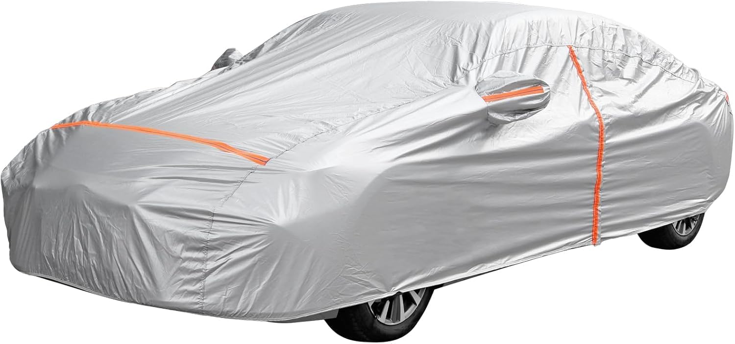 Waterproof Car Cover, Outdoor Car Cover with Zip Reflective Stripes Dust Protection UV, 210D Winter Snow Hail Cover 192\" x 74.8\" x 59\", Universal Fit for Sedan-Length (Up to 192\"), Sliver