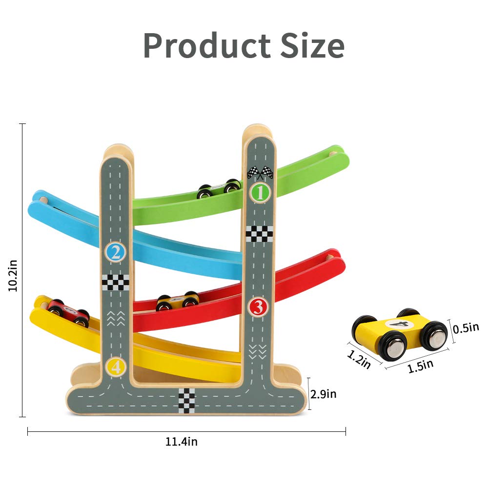 Jacootoys Pista Macchinine per Bambini Piccoli, Pista Auto Giocattolo Macchine Corsa, Pista da Corsa in Legno Giochi con 4 Mini Auto