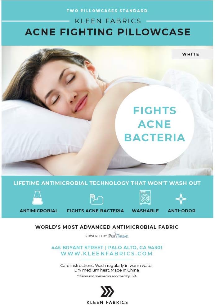 Kleen Fabrics Acne Fighting Antimicrobial Pillowcase with PurThread Silver Technology, White, 2 Standard Pillowcases