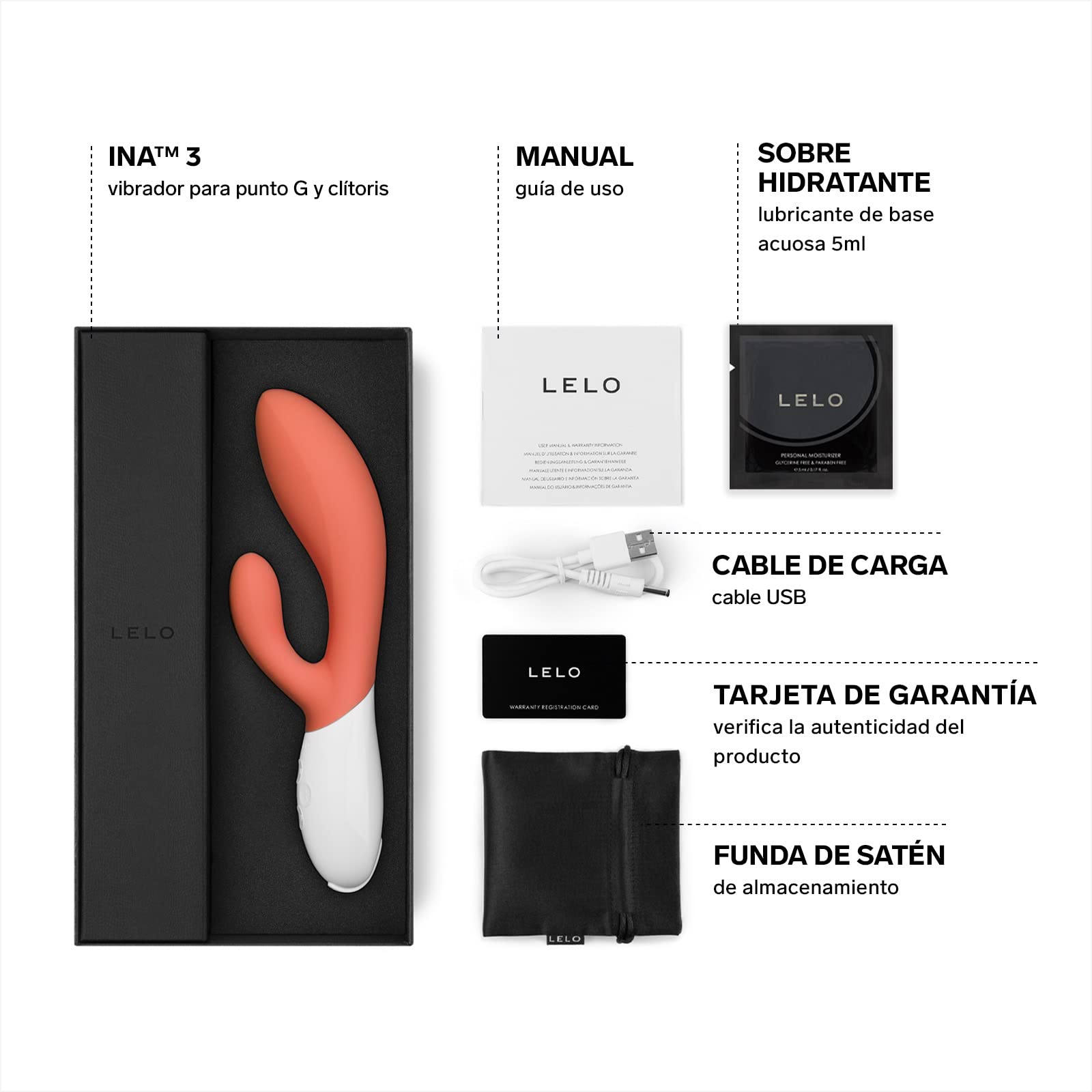 LELO INA 3, Conejito Vibrador de Acción Doble, Juguete Erótico para Mujer con 10 Modos de Vibración, Sumergible y Recargable por USB (Coral Red)