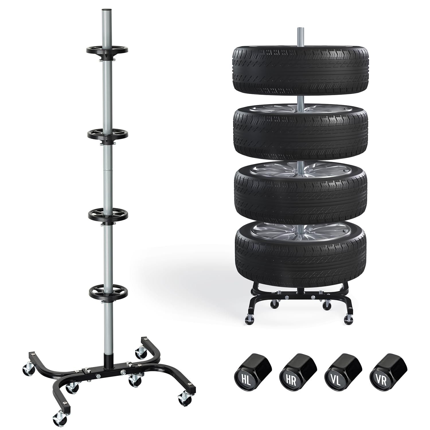 Felgenbaum XL fahrbar für Autoreifen bis 295mm – Reifenständer belastbar bis 150kg inkl. Reifen Markierer – Reifenbaum mit Rollen & Feststeller – Felgenständer für 4 Reifen/Felgen 16-24 Zoll