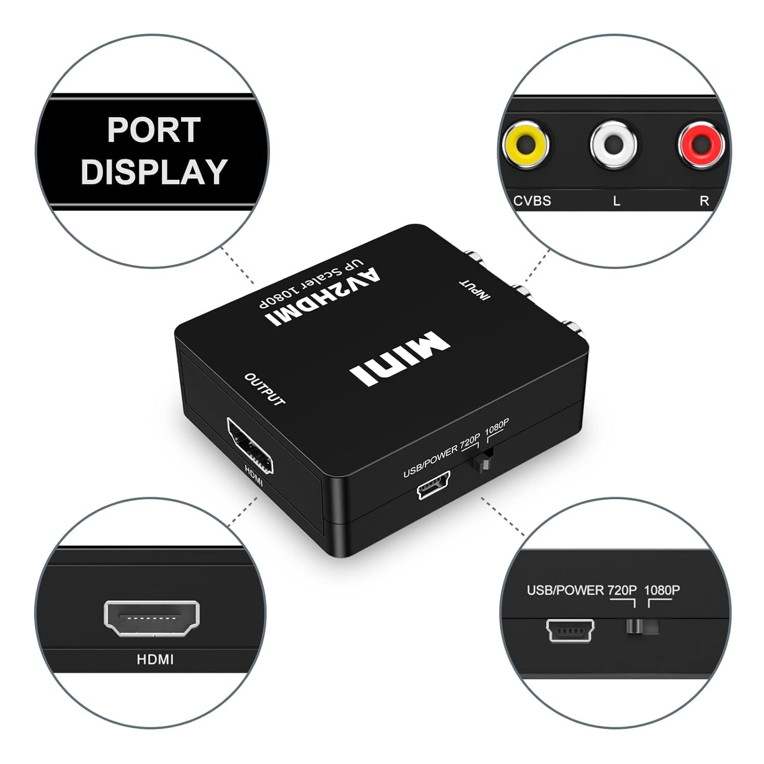 RCA to HDMI Converter, 1080P Mini RCA Composite CVBS AV to HDMI Video Audio Converter Adapter for PC Xbox PS4 PS3 VHS VCR DVD TV STB Support PAL/NTSC with USB Power Cable — view 2