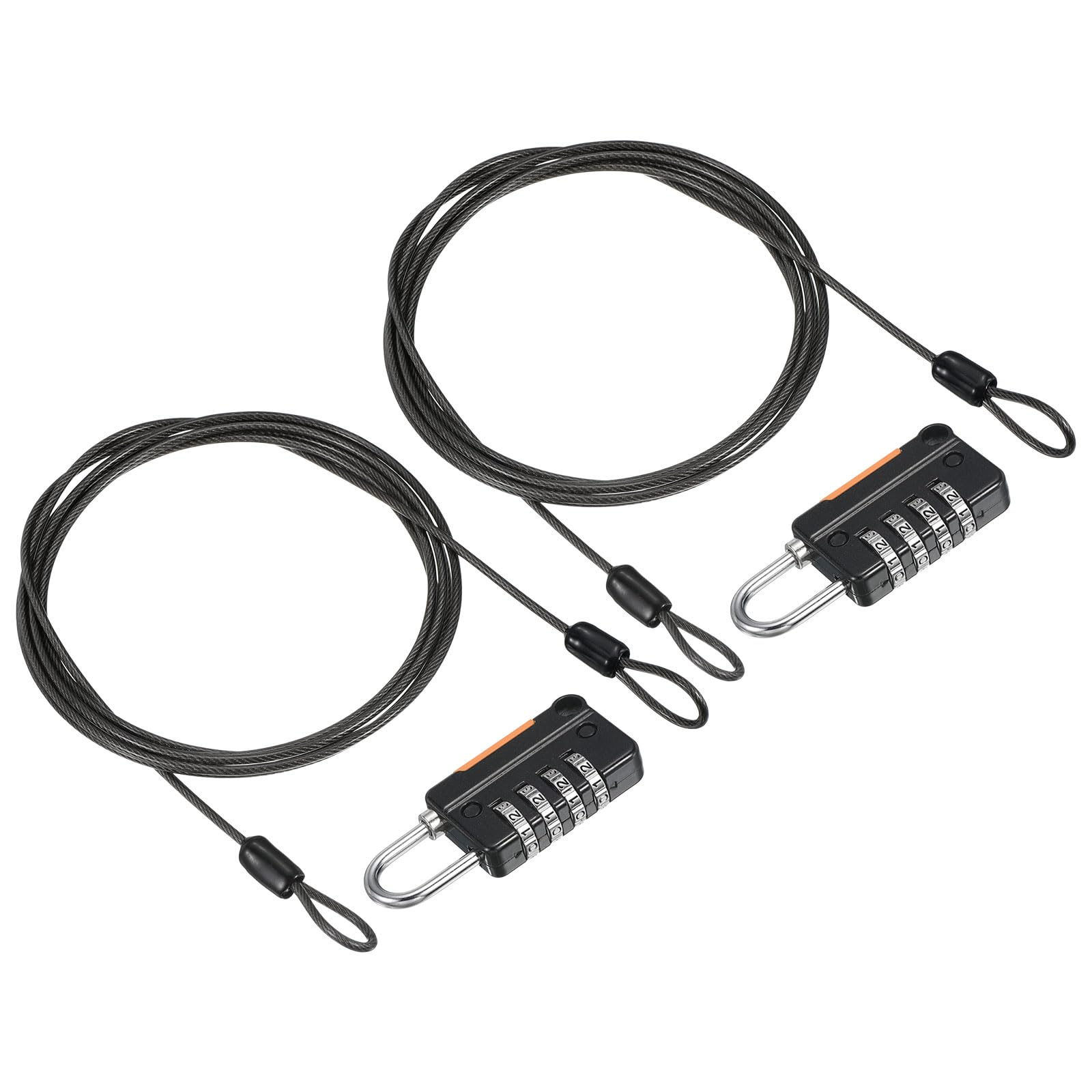 PATIKIL Security Steel Cable with 4 Digit Combination Lock, 2 Set 6.6Ft Coated Safety Wire Rope Double Loop Padlock for Outdoor Travel Luggage, Black