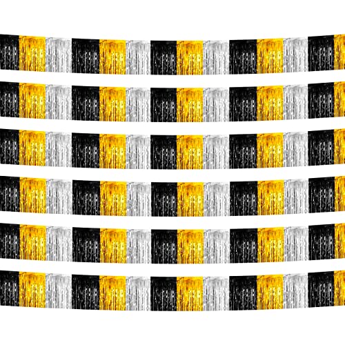 Image of 6 Pack 10 Feet Black Gold Silver Foil Fringe Garland Metallic Tinsel Streamers Banner Wall Hanging Backdrop Banner for Parade Floats, Thanksgiving, Christmas, Birthday, Halloween Party Decorations