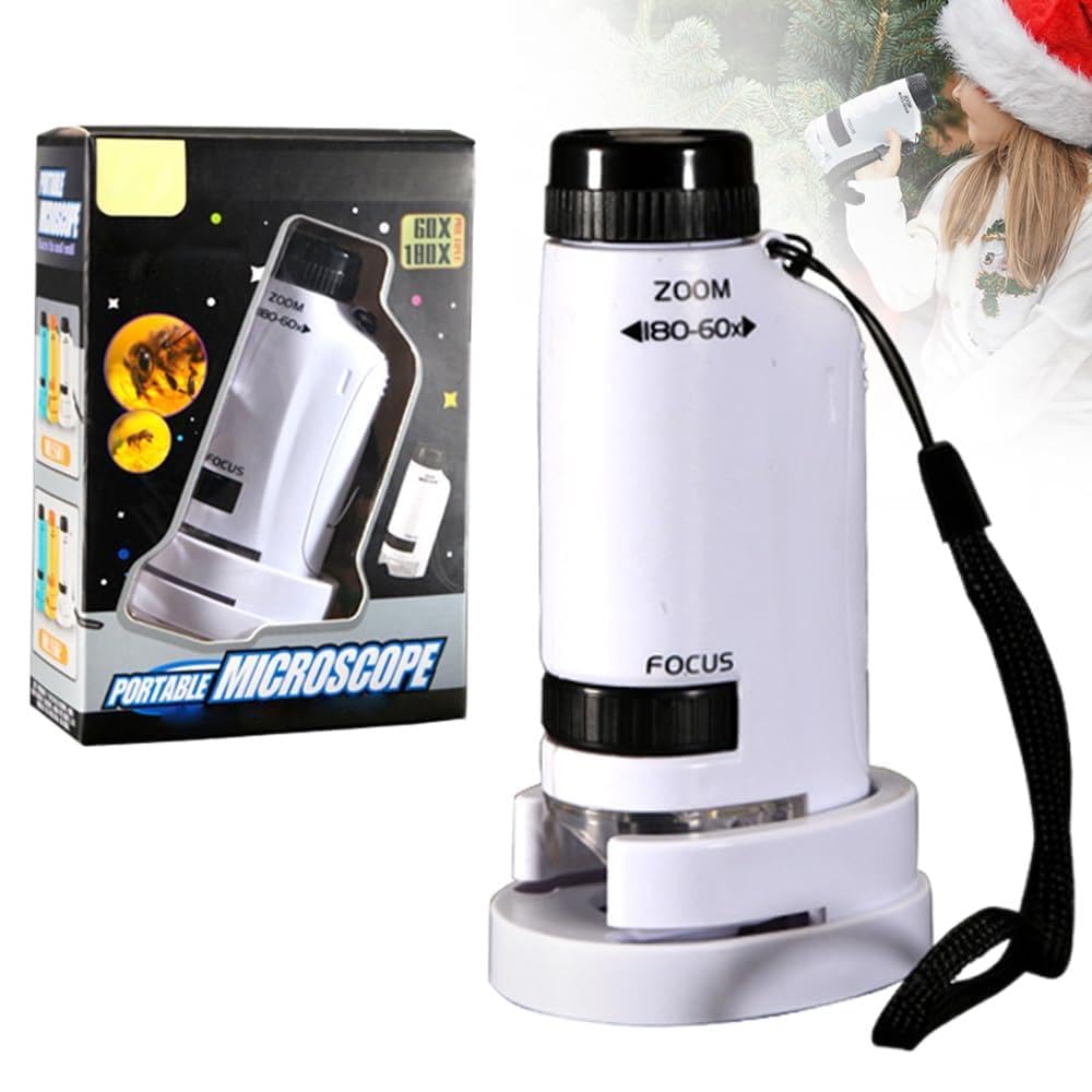Microscope Enfant Portable avec LED (60-180x), 2026 Pocket Microscope Portable, Petitscope de Poche Enfant Partir de 3 Ans, Microscope, Etudiants, Adultes, Cours de Biologie Scolaire (Blanc)