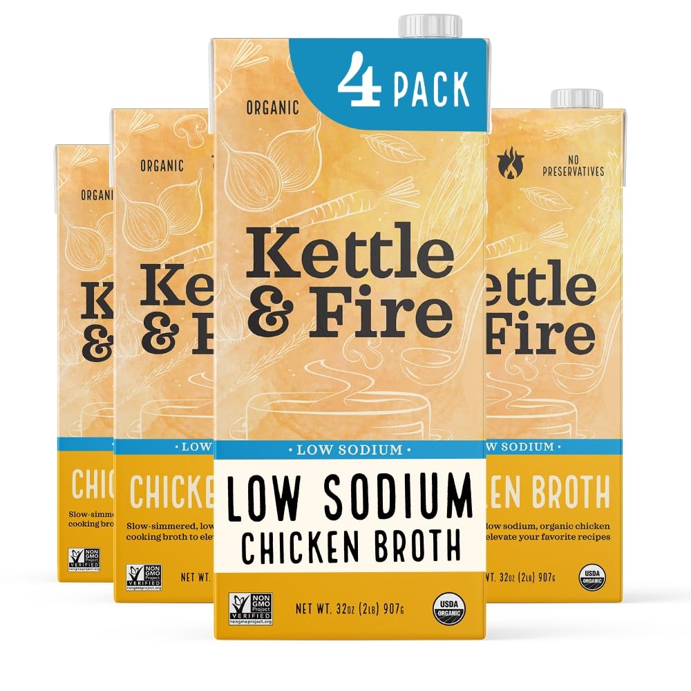 Low Sodium Chicken Broth - Pack of 4 - Organic Cooking Stock, Real Bones Not Powder, Protein, Keto, Paleo, GF, Whole 30 Diet Friendly, Natural Soup Base, 32 oz Liquid Cases