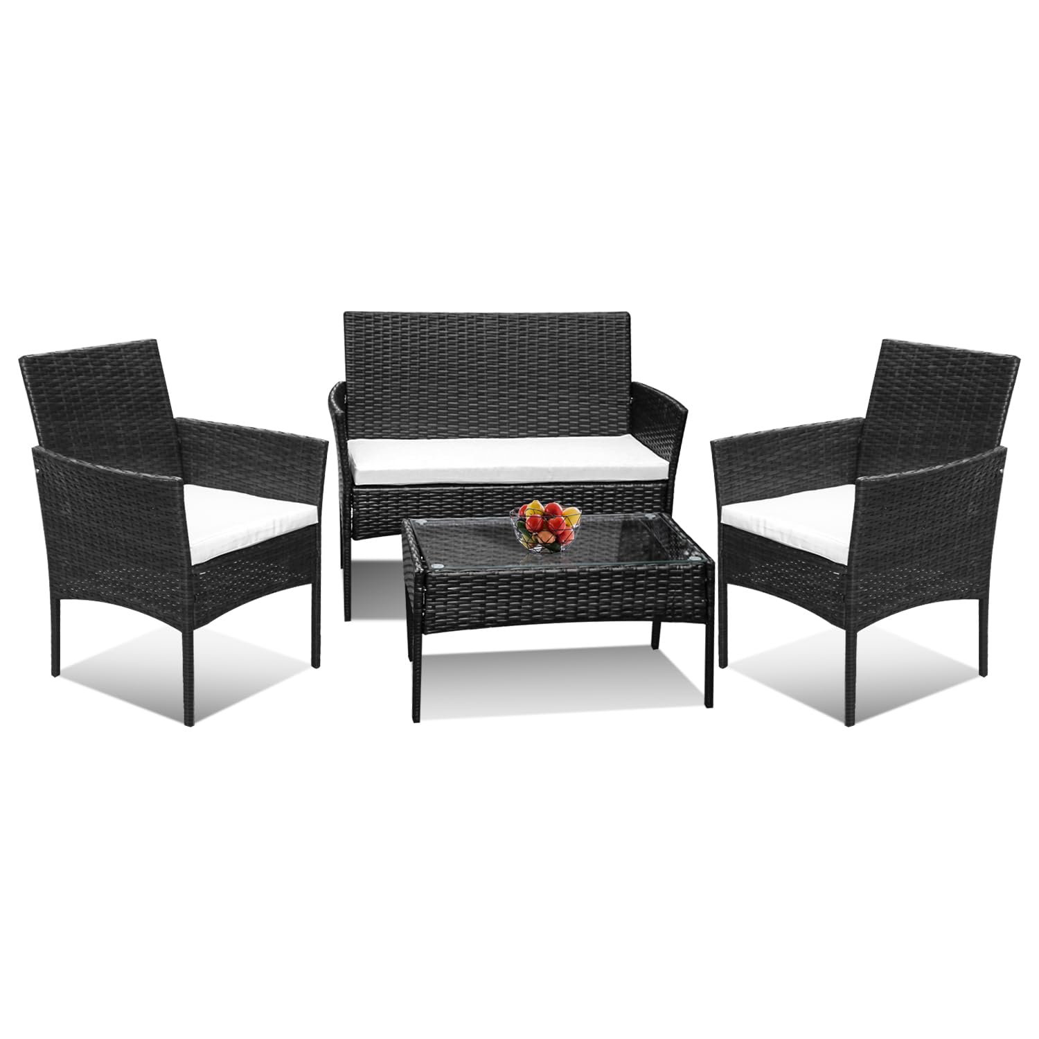 Ansobea Juego de muebles de jardín de polirratán, para 4 personas, con 2 sofás, 2 sillas, mesa y cojín de asiento resistente a la intemperie, color negro, muebles de terraza, balcón, para jardín,