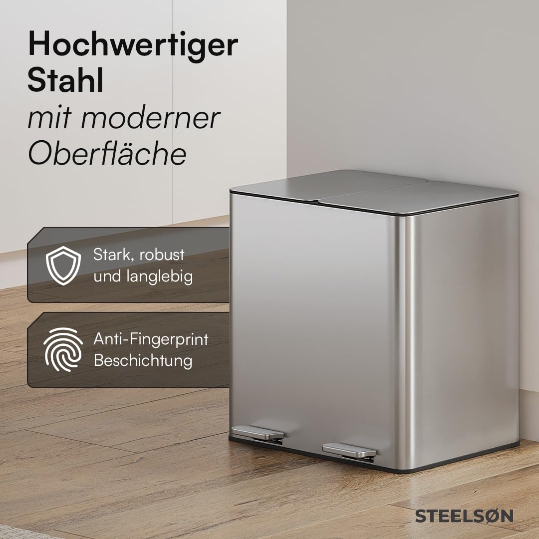 STEELSØN Gloas Mülleimer 2 Fächer – Mülltrennsystem Küche 2x15 L aus Edelstahl Silber – Tretmülleimer mit Soft-Close-Funktion & Geruchsfilter – Abfalleimer mit Inneneimer für Recycling & Restmüll