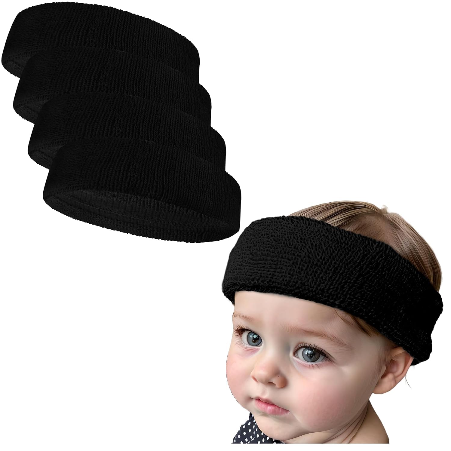 COUVER Baby Infant Black Terry Solid Color Headband/Terry Cloth Head Band - 4 Pieces