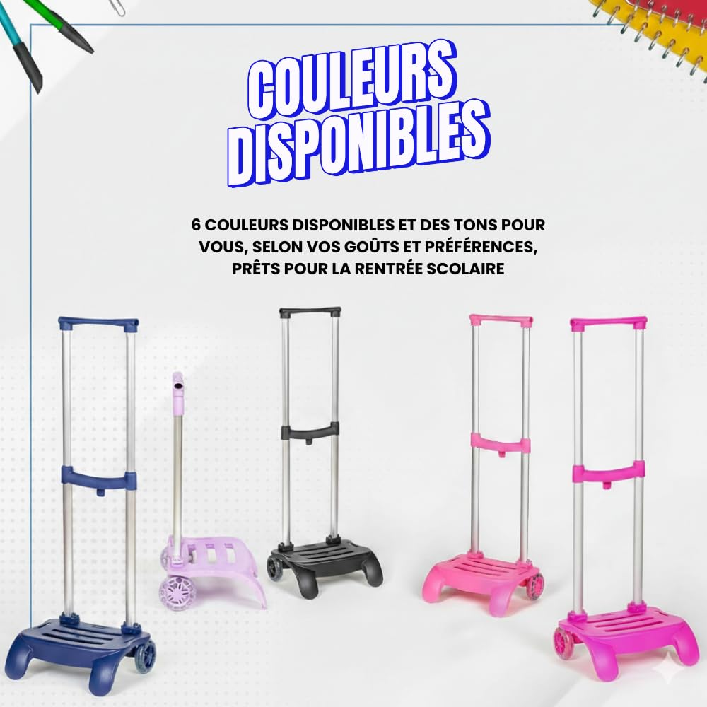 Devesa Chariot pour Sac à Dos Scolaire – Bleu – Aluminium Résistant et Pliable, Léger et Stable, avec Design Ergonomique pour Éviter Les Maux de Dos, Compatible avec Les Sacs à Dos de Grande Capacité