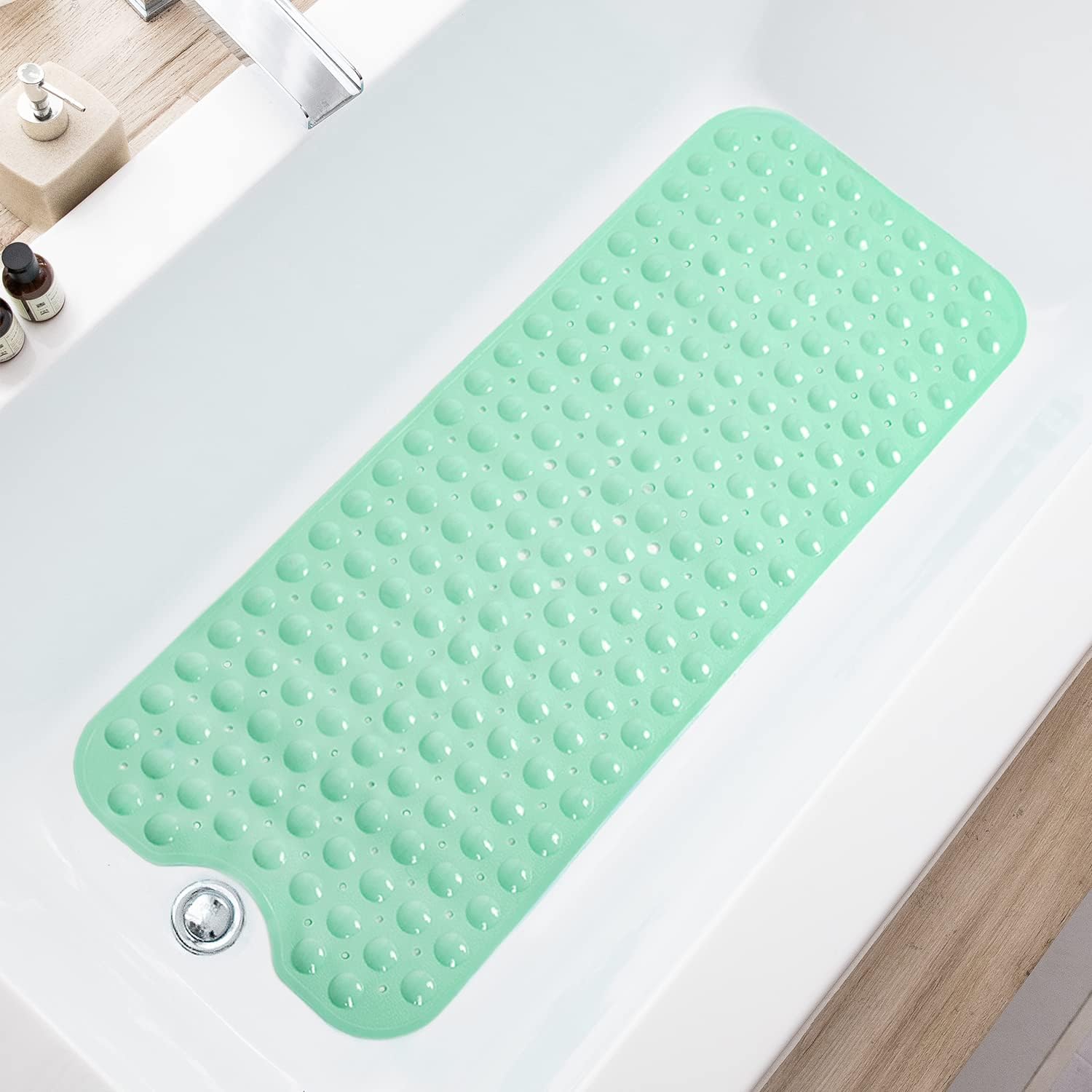 TEESHLY Bath Tub and Shower Mats, Non-Slip 39 x 16 Inch Extra Long Bathtub Mat, Machine Washable BathMat with Drain Holes, Suction Cups for Bathroom (Opaque Pale Green)