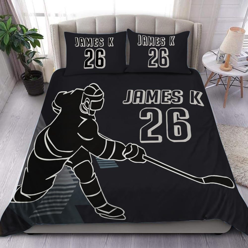 Personalized Hockey Bed Set, Black Hockey Player Comforter Decor for Boys Room, Sport Full Size Comforter Custom Name for Kids Boys Girls